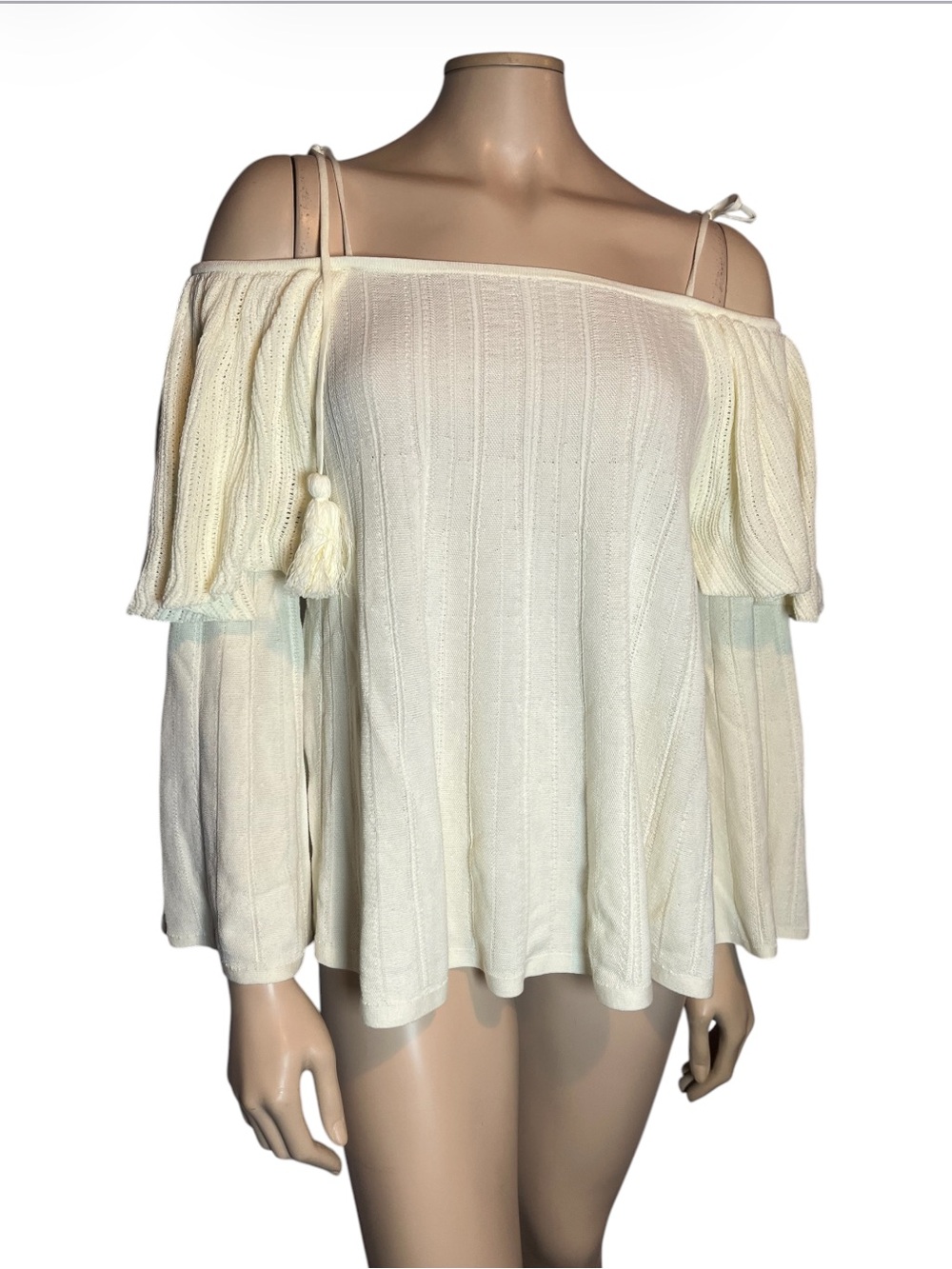 ba&sh Vala Cream Off-Shoulder Knit Top with Tassel Ties - Picture 4 of 16